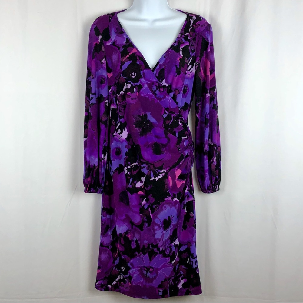 Chaps faux wrap floral knit long sleeve dress MP